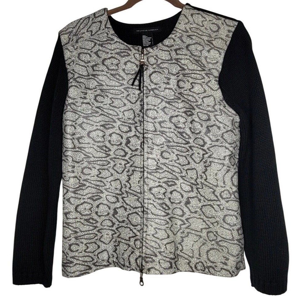 Maurice Sasson Snakeskin Leather Front Zip Up Jacket Knit Sleeves Black/ White S